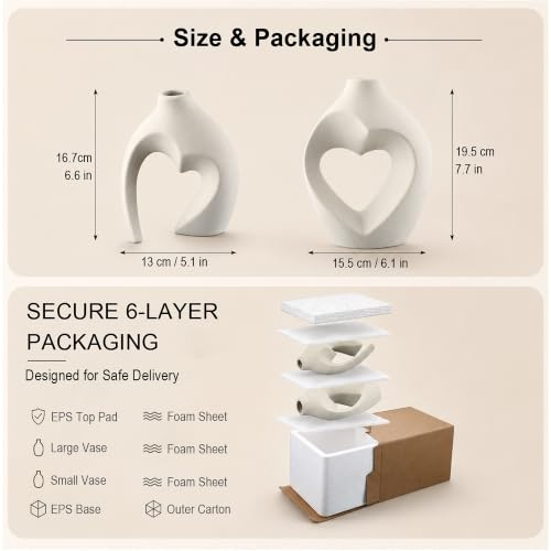 White Ceramic Flower Vase Home Table Decor Heart Shaped Vase Set of 2 - color: Pearl White
