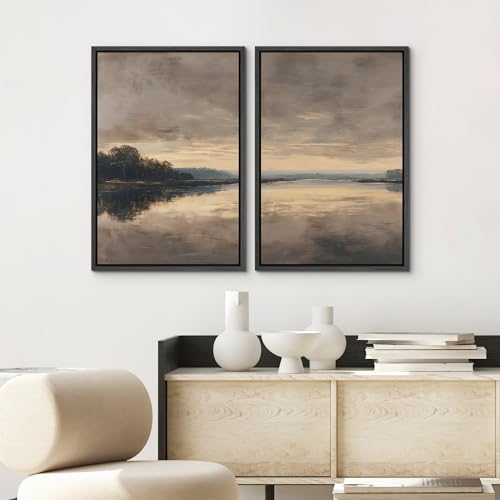 SIGNWIN Framed Canvas Print Wall Art Set Moody Sunset Lake Reflection Landscape Illustrations Modern Art Minimal Boho Relax/Calm for Living Room, Bedroom, Office - 16"x24"x2 Black - color: A29-2604-m09, size: 16"x24"x2 Panels Black