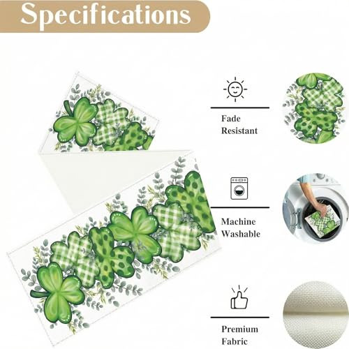 ONFAON St Patrick's Day Table Runner Decorations Shamrock Eucalyptus Heart Seasonal Spring Kitchen Dining Table Decoration for Home Party Decor 13x72 Inch - size: St Patricks 01