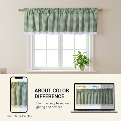 Farmhouse Valance Curtains, Cotton Kitchen Valance Rustic Style Window Valance Half Curtain for Living Room Bathroom Cafe, Rod Pocket, Green White Gingham Plaid, 59 X 12 Inch - color: Green White Gingham Plaid, size: 59"W x 12"L (Pack of 1)