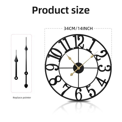 Wall Clock Battery Operated,Silent Non Ticking Modern Rustic Metal Small Clocks for Living Room/Bedroom/Office/Kitchen/Farmhouse Home Decor-14IN(Arabic Number-Black) - size: 14 inch