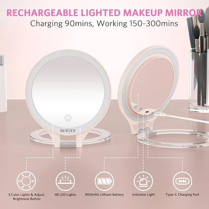 WEILY Magnifying Makeup Mirror 10X/1X, Travel Mirror with Light - color: 451-pink
