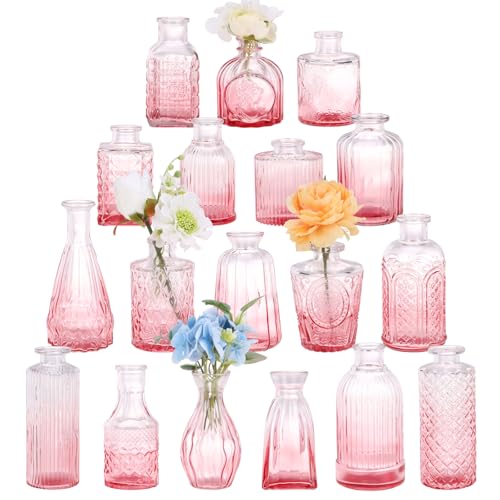 18pcs Pink Glass Bud Vase Set, Small Flower Vases for Centerpieces in Bulk - color: Pink, size: 18pcs