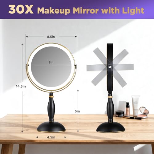 30x Magnifying Mirror with Light, Matte Black with Gold Trim - color: Matte Black With Gold Trim