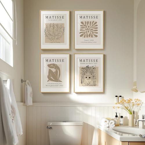 Framed Neutral Beige Matisse Abstract Wall Art for Bathroom, 12x16 Inch - color: Neutral, size: 12" W x 16" H x 4Pcs