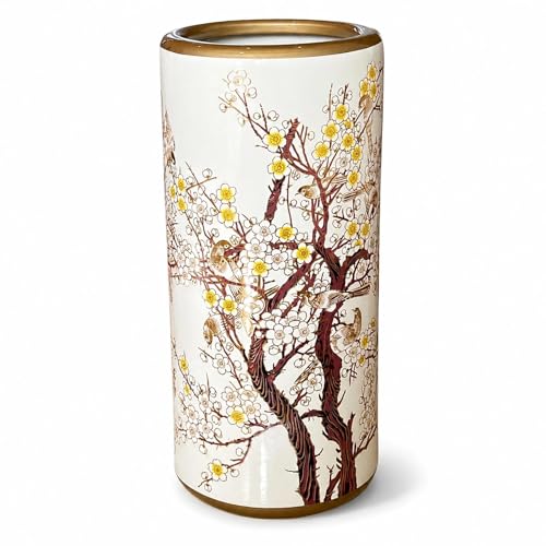 Ceramic Umbrella Stand for Entryway, Decorative Indoor Umbrella Holder with Gold Rim, Floor Vase Cane & Walking Stick Holder for Foyer Hallway Home Decor(Plum Blossom) - color: Plum Blossom
