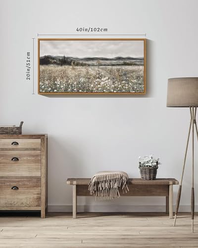 SHENIFY 20x40in Extra Large Vintage Framed Wall Art Meadow with Flowers Landscape Painting Retro Scenery Farmhouse Bedroom Above of Bed Living Room Decor - Natural Framed - color: Flower Meadow, size: 40"L x 20"W