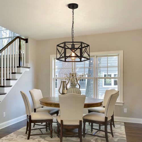 Rustic Farmhouse Metal Pendant Light Fixture One-Light Adjustable Chain 14.5 inch Modern Industrial Metal Cage Hexagon Pendant Lighting for Kitchen Island Dining Room Farmhouse Entry Home, Black - size: Medium pendant light