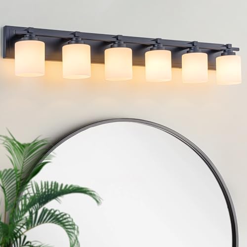Modern Bathroom Light Fixtures Over Mirror, Vanity Lights for Bathroom Wall Sconces with Milky White Glass Shades, E26 Socket (Bulbs Not Included), 6 Light, Black - color: Black, size: 42.12 inch-6-Light