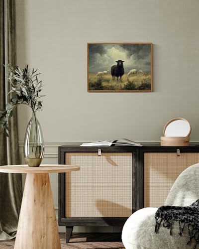 ARPEOTCY Vintage Framed Canvas Wall Art, 12x16inch, Farmhouse Black Sheep Wall Decor, Country Art Prints Home Decorations, Cottagecore Paintings for Living Room Bedroom Office Decor - color: Black Goat, size: 16"L x 12"W