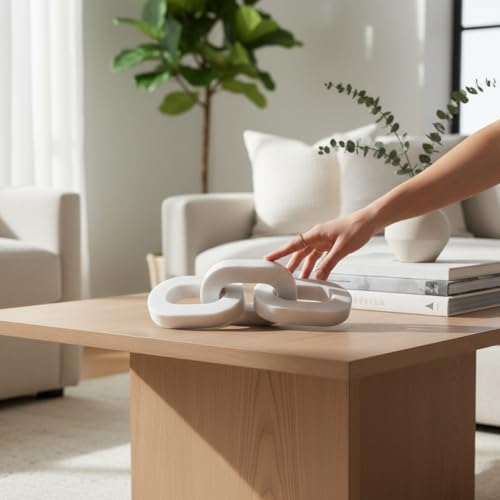 Natural White Marble 3-Link Chain Decor – 13.5 Inch Oval Cornered Design Handcrafted Marble Chain Sculpture Modern Tabletop & Shelf Accent for Home Décor