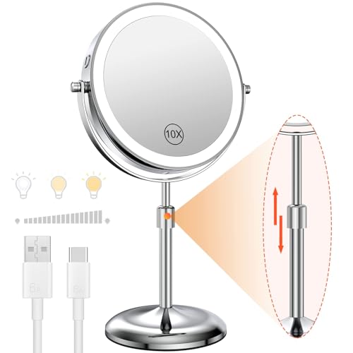 7" Lighted Makeup Mirror with Magnification 10X, Height Adjustable,3 Lights - color: Silver