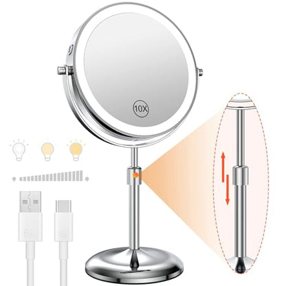 7" Lighted Makeup Mirror with Magnification 10X, Height Adjustable,3 Lights - color: Silver