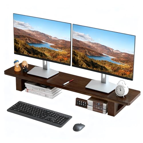 Dual Monitor Stand Riser, 47Inch Solid Wood Desktop Organizer with Non-Slip Pads, Holder for 2 Monitors, Laptops, TV, PC, Printer, Walnut Finish