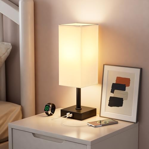 Touch Table Lamp for Bedroom - Dimmable, USB C+A, White Lamphade Black Base - color: White & Black