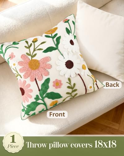 Embroidered Throw Pillow Cover, 18x18 Inch, Pastel Wildflowers - color: Pink-white-flower, size: 18" x 18" (Pack of 1)