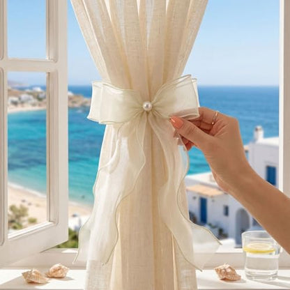 White Lace Bow Curtain Tiebacks 6-Pack, Vine Floral Curtain Holdbacks - color: Creamy Ivory