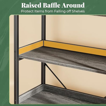 Huuger 5 Tier Bookshelf with 10 Open Shelves and Raised Baffle, Grey - color: Grey, size: 5 Tier