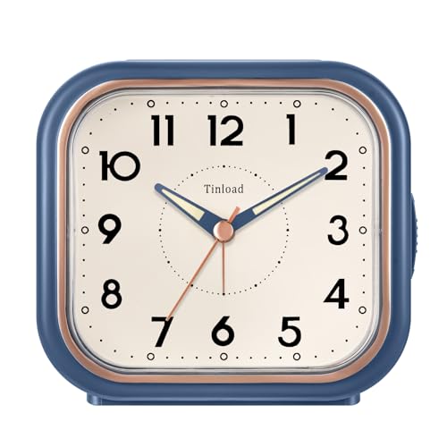 Tinload 4.3" Vintage Retro Analog Alarm Clock, Super Silent Non Ticking Clock with Manual Light, Snooze, Battery Operated, Simply Design, for Living Room, Bedroom, Bedside, Desk(Blue) - style: Blue-RoseGold