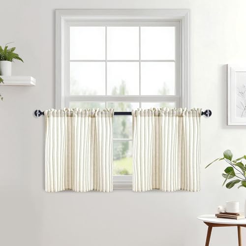 JIUZHEN Striped Linen Kitchen Curtains 2 Panels - Short Tier Drapes with Rod Pocket, Farmhouse Cafe Curtains for Small Windows 24 Inch Length, Vertical Striped Green - color: Vertical Striped Green, size: 26"W x 24"L (Pack of 2)