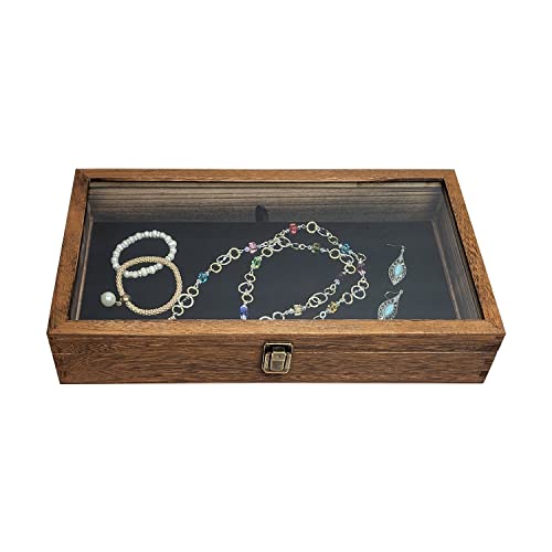 MOOCA Wood Jewelry Display Case with Tempered Glass Top, Velvet Pad - color: 9A) Brown, 2.75 Inch High