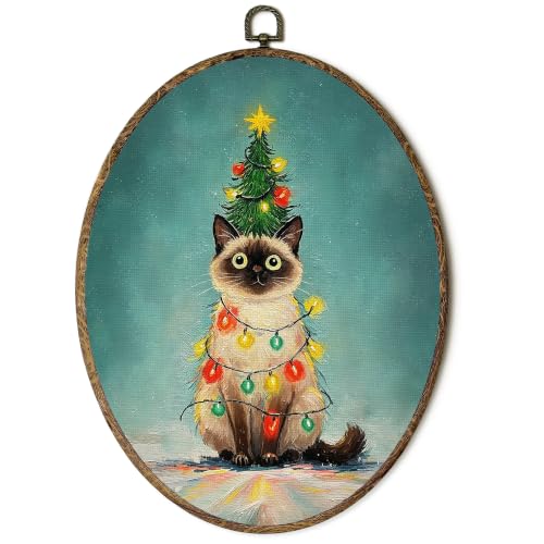 OINDADE Funny Christmas Siamese Cat Owner Gifts Oval Wall Art Hanging Decor - color: Christmas Siamese Cat