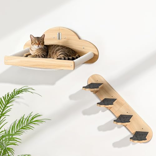 Wall Mounted Cat Hammock with 3 Climbing Steps,Pine Wood Cat Climbing Shelves & Perches up to 30lbs,Kitty Wall Shelf Furniture for Indoor Sleeping, Lounging,Climbing and Playing - size: Hammock