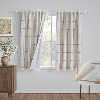 MYSKY HOME 100% Blackout Plaid Farmhouse Linen Curtains 54 Inch Long 2 Panels Set for Small Window Double Layer Windowpane Drapes Thermal Insulated Privacy Protection Rod Pocket Back Tab, 52"W, Brown - color: Brown, size: 52"W x 54"L (Pack of 2)