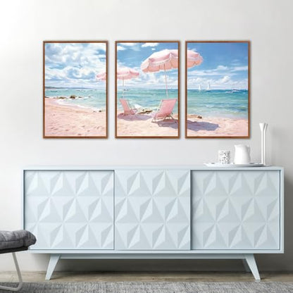 KAlRNE Pink Coastal Framed Art Prints Ocean Canvas Wall Art Set-24’’X36’’X3 - color: Pink Beach, size: 24"Lx36"W