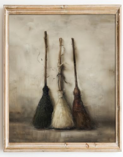 Kizbok Vintage Witch Brooms Wall Art Prints, Spooky Halloween Canvas Painting, Victorian Dark Academia Halloween Wall Decor, Dark Gothic Cottagecore Aesthetic Poster for Bedroom Gallery Bathroom - UNFRAMED - color: Witch Brooms, size: 10"L x 8"W