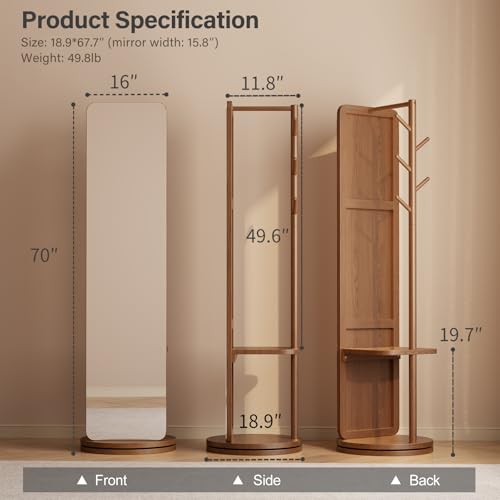WoodsWhisper Full Length Mirror Coat Rack Solid Wood Floor Mirror 66"x12" Full Length Mirror with Stand Long Mirrors for Bedroom,Living Room (Deep Walnut, 70" L x 16" W) - color: Deep Walnut, size: 70"L x 16"W