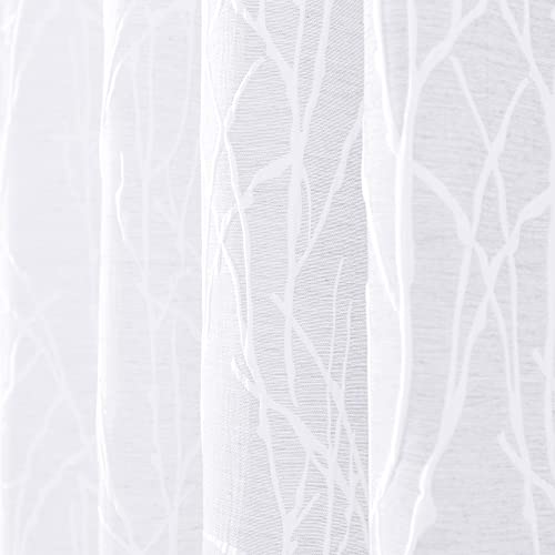 White Pattern Curtains 84 Inch Length for Living Room 2 Panels Back Tab Pocket Long Drape 50% Room Darkening Patterned Lace Cotton Linen Look Tree Branch Curtain for Bedroom Boho Farmhouse Decor 52x84 - color: White, size: 52"W x 84"L (Pack of 2)