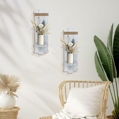 Alphatool Handmade Wooden Candle Sconces Set of 2 Farmhouse Wall Decor - color: Grayish-white