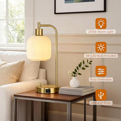 Cream Glass Table Lamps Set of 2, Dimmable Bedside Lamps for Living Room - color: ‎Gold&‎Cream