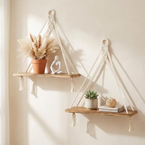 Mkono Macrame Hanging Shelves Boho Wall Decor Set of 2 Floating Wood Shelf - color: White