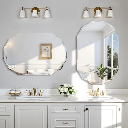 GLASHOM Frameless Oval Bathroom Mirror, 24x36 inch Beveled Wall Mirror - size: 24"L x 36"W