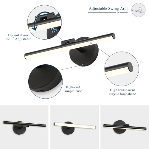 Hardwired Adjustable Lighting Matte Black Modern LED Picture Lights for Paintings 15.7'' Inch Long Swing Arm Metal Art Lights Warm White 3000K - color: Hard-Wired Black-round base, size: 15.7inch Dimmable