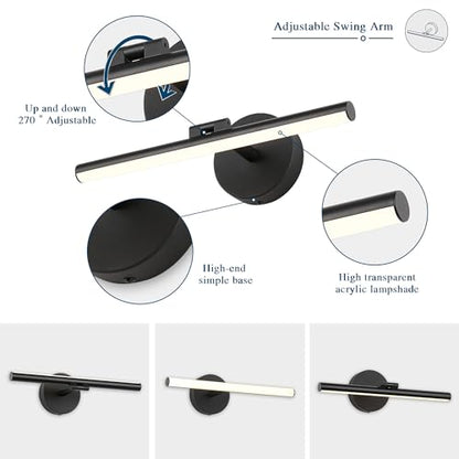 Hardwired Adjustable Lighting Matte Black Modern LED Picture Lights for Paintings 15.7'' Inch Long Swing Arm Metal Art Lights Warm White 3000K - color: Hard-Wired Black-round base, size: 15.7inch Dimmable