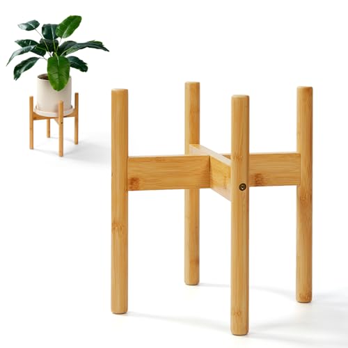 Bamboo Plant Stand for Indoor Plants, Adjustable Wooden Plant Holder for 8–10 Inch Pots, Mid Century Modern Plant Pot Stand, Home & Living Room Decor