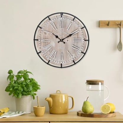 EMAX HOME 12 Inch Farmhouse Wall Clock Rustic Antique Wood with Metal Circle and Large Engraved Numerals, Silent Battery Operated Wall Clock for Office Kitchen Bedroom Living Room - color: Brown, size: 12 Inch Roman numerals