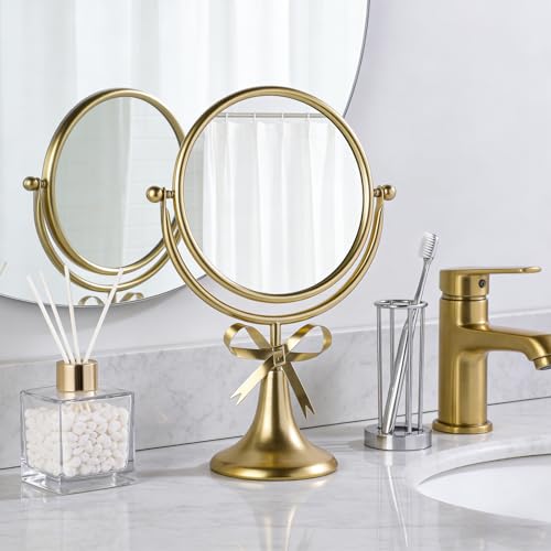 Tabletop Vanity Makeup Mirror with Metal Frame Gold Bow Desk Table Mirror with 360°Adjust Dressing Room Bedroom Bathroom Favor Decor - color: Gold