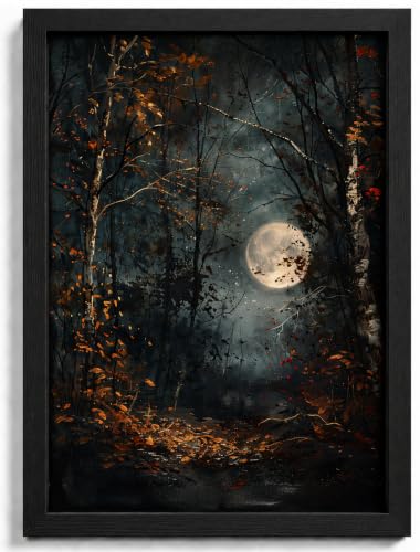 Framed Gothic Enchanted Forest Wall Art,Dark Academia Celestial Moon Painting Picture Wall Decor,Autumn Moody Landscape Poster Print Artwork,for Living Room Bedroom Office Home Decoration - color: Dark Forest, size: 10"L x 8"W