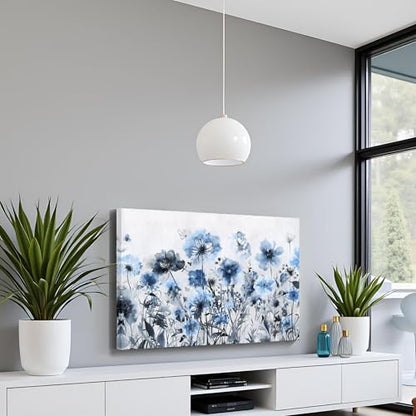 sechars Wildflowers Canvas Wall Art Abstract Flower Painting Print on Canvas Blue and Grey Living Room Bedroom Decorations (Blue) - color: Blue