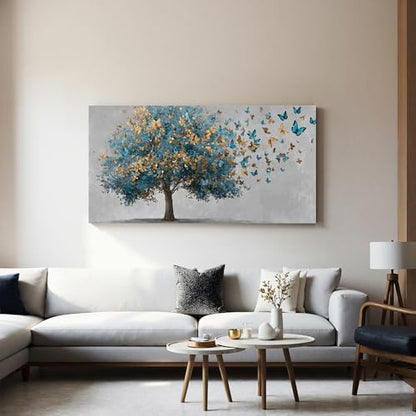 YISXINOAG Blue Gold Tree of Life Wall Art Butterfly Landscape Print 20"X40" - color: grey green, size: 40"L x 20"W