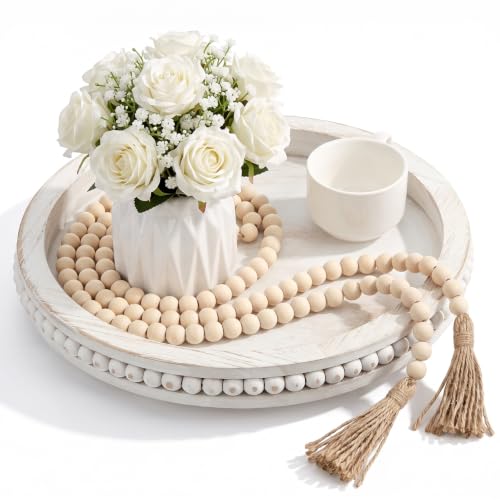 Mumufy 12" Round Decorative Tray with 58" Bead Garland, White Washed - color: White Washed, size: 12" Round