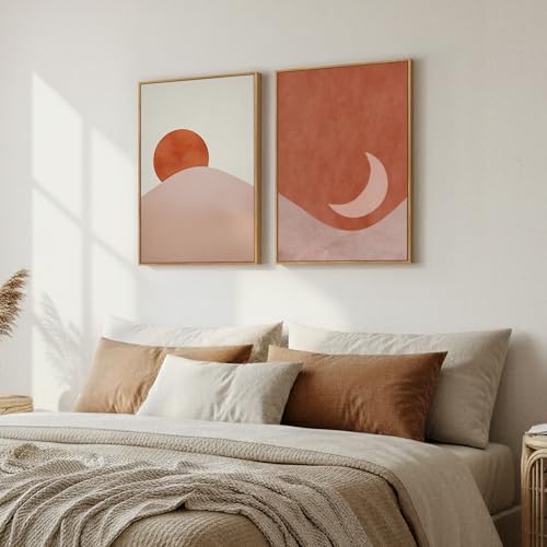 Framed Boho Terracotta Sun and Moon Canvas Wall Art Bedroom, 20x30 Inch - color: Terracotta Blush, size: 16" W x 24" H x 2Pcs