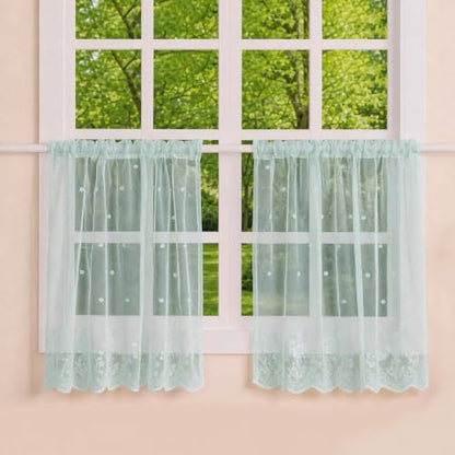 Molaxhome Kitchen Curtains Valance Blue Lace Floral Semi Sheer Curtain - color: Blue-green, size: 29"W x 24"L (Pack of 1)