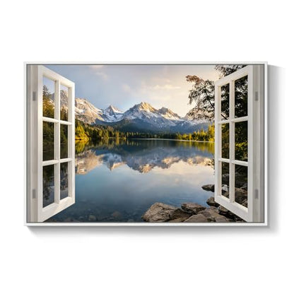 Framed Window Nature Scenic Landscape Wall Art for Living Room, 24x36 Inch - color: White Blue, size: 36"L x 24"W