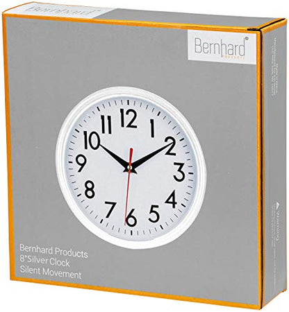 Bernhard Products White Wall Clock 8 Inch Retro Kitchen Silent Non-Ticking Quality Quartz Battery Operated Clock for Home/Office/Classroom/Bathroom/Nursery Room Easy to Read - color: White