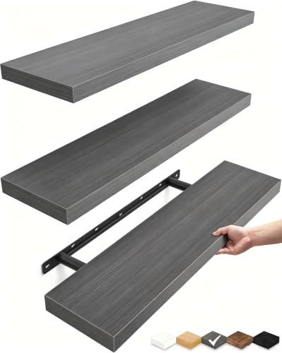 BAYKA Grey Floating Shelves 22.5in, Set of 3, Wall Mount Rustic Wood Shelf - color: F. Grey - Industrial Edge Style, size: 22.5inches